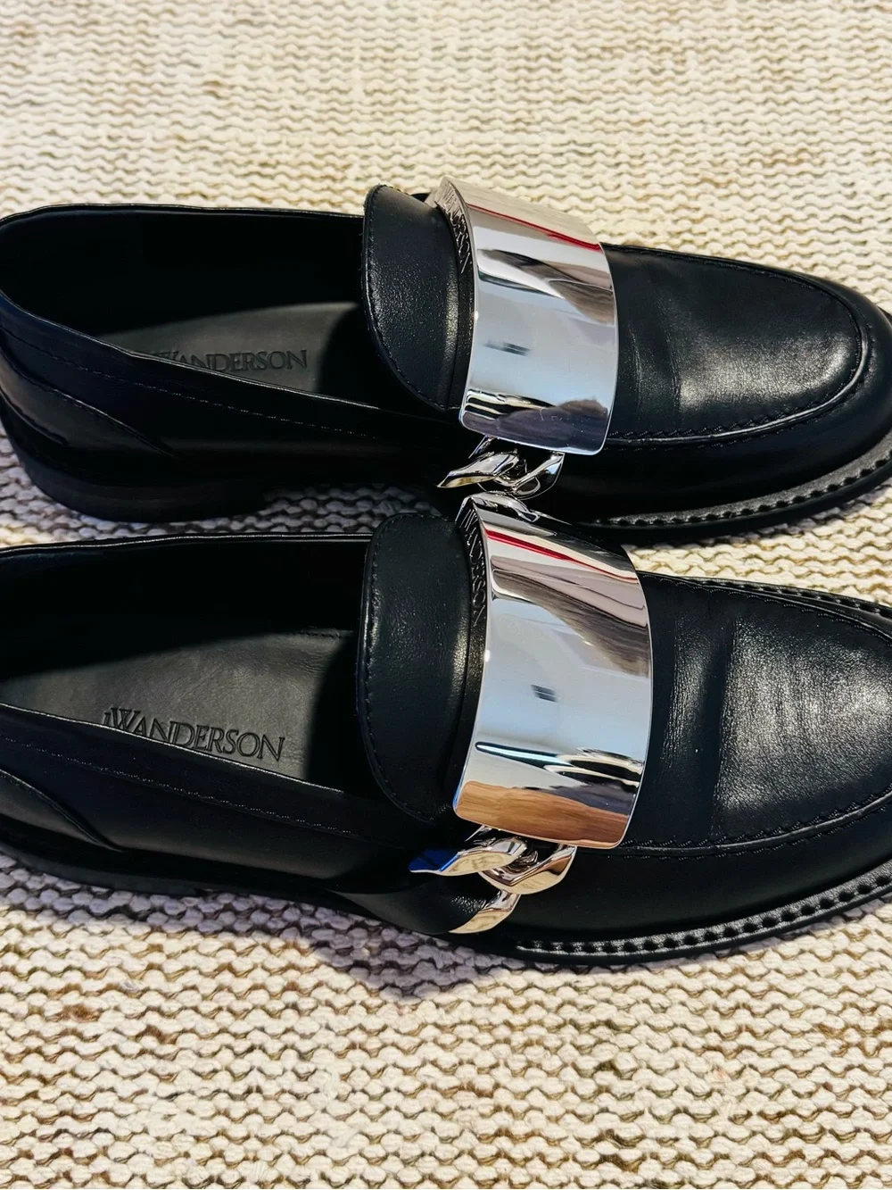 JW ANDERSON Black Leather Loafers with Silver Plate